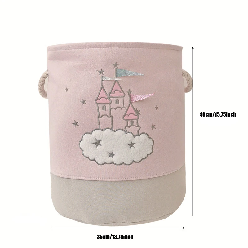 Large Pink Laundry Basket Kids Toys Storage Basket with Handles Fabric Foldable Cute Cartoon Castle Nursery Hamper Gift Basket 6