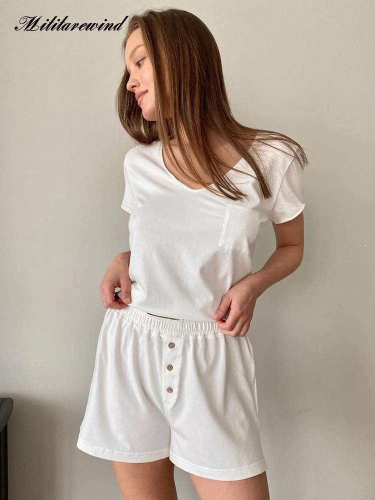 

Женский хлопковый комплект из двух предметов, дышащая футболка с коротким рукавом и V-образным вырезом, Повседневная Пижама, верхняя одежда, лето 100%