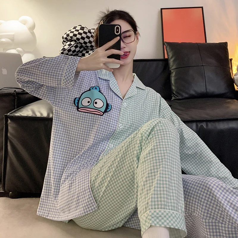 

Sanrio Hangyodon Womens Pajamas Set Spring/Autumn Pure Cotton Long Sleeved Two Piece Set with Contrast Plaid Home Furnishing