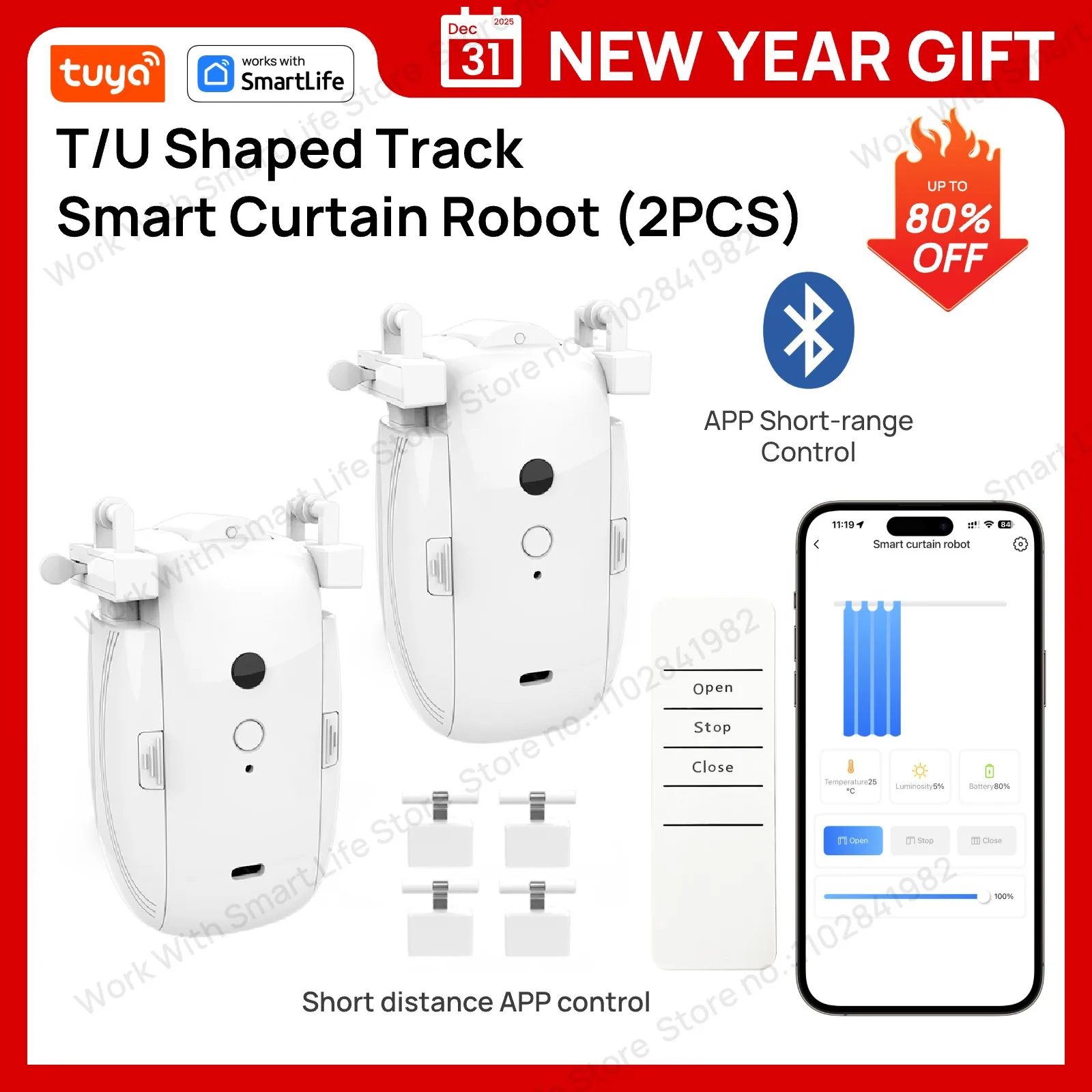 มอเตอร์ม่านอัจฉริยะ Tuya (ราง T/U) - โหมดคู่: ควบคุมผ่านแอป Bluetooth ระยะใกล้และรีโมทคอนโทรล, ระยะ 10 เมตร, ตั้งเวลา, รับน้ำหนักได้ 8 กิโลกรัม 1