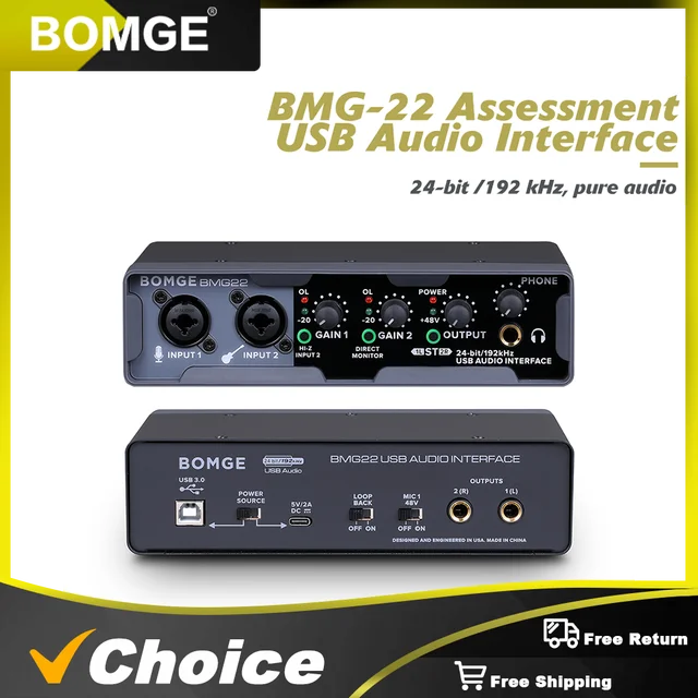 BOMGE USB Audio Interface(24 bit/192 kHz) with XLR,phantom power,Direct  Monitoring,Loopback for PC Recording,Streaming,Guitarist,Vocalist and  Podcasti
