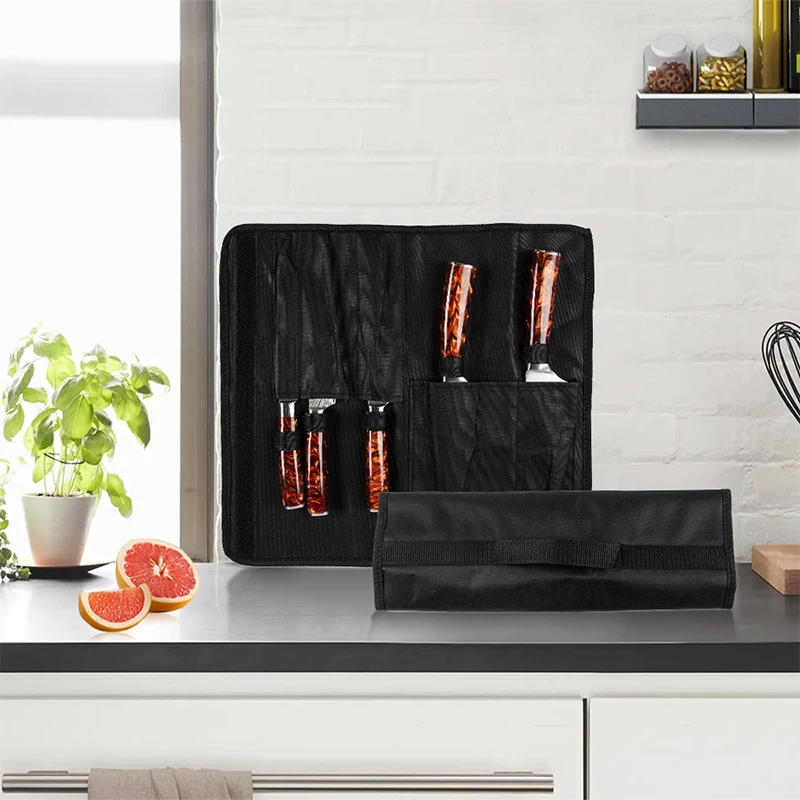Description Picture 5 of itemBlack Chef Knife Roll Bag 5 Pockets Carry Case Portable Oxford Kitchen Cooking Knives Storage Bags Durable Knife Carrying Punch