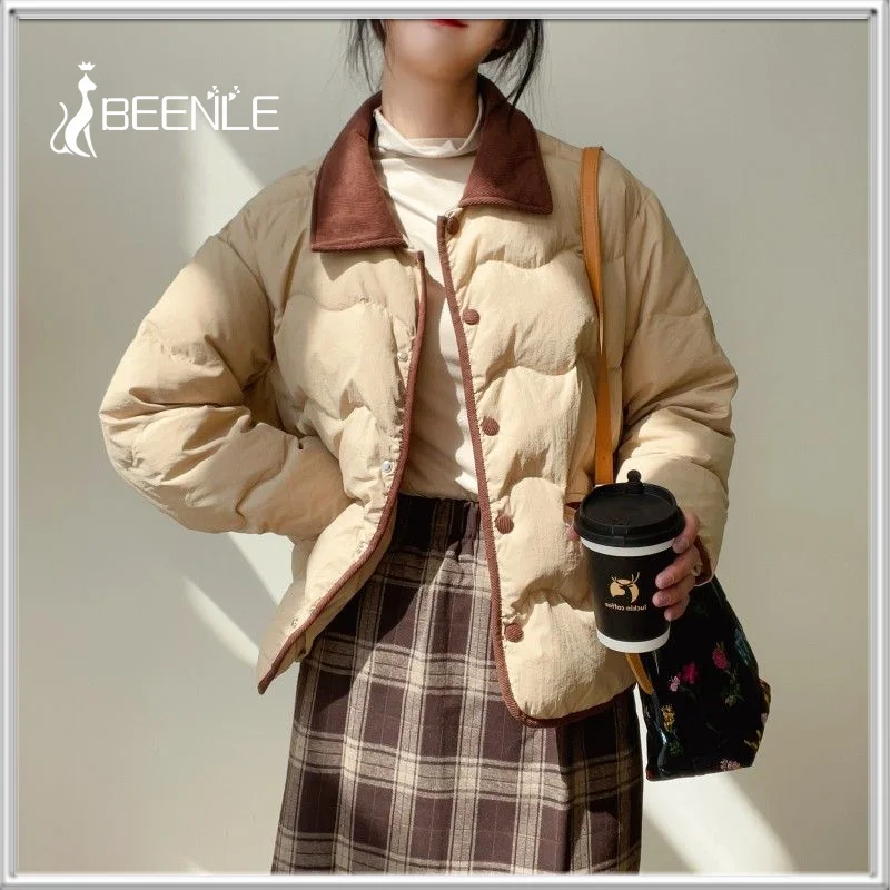 BEENLE-Corduroy Cotton Jackets for Women, Short, Casual, Thick, Warm, Cardigan, Down Coats, Korean Fashion, Polo Collar, Winter