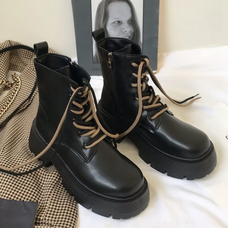 

Women Ankle Boots Lace Up Basic Payment Chunky Motorcycle Boots Block Heel Punk Platform Zipper Shoes Female Casual Shoes 35-40