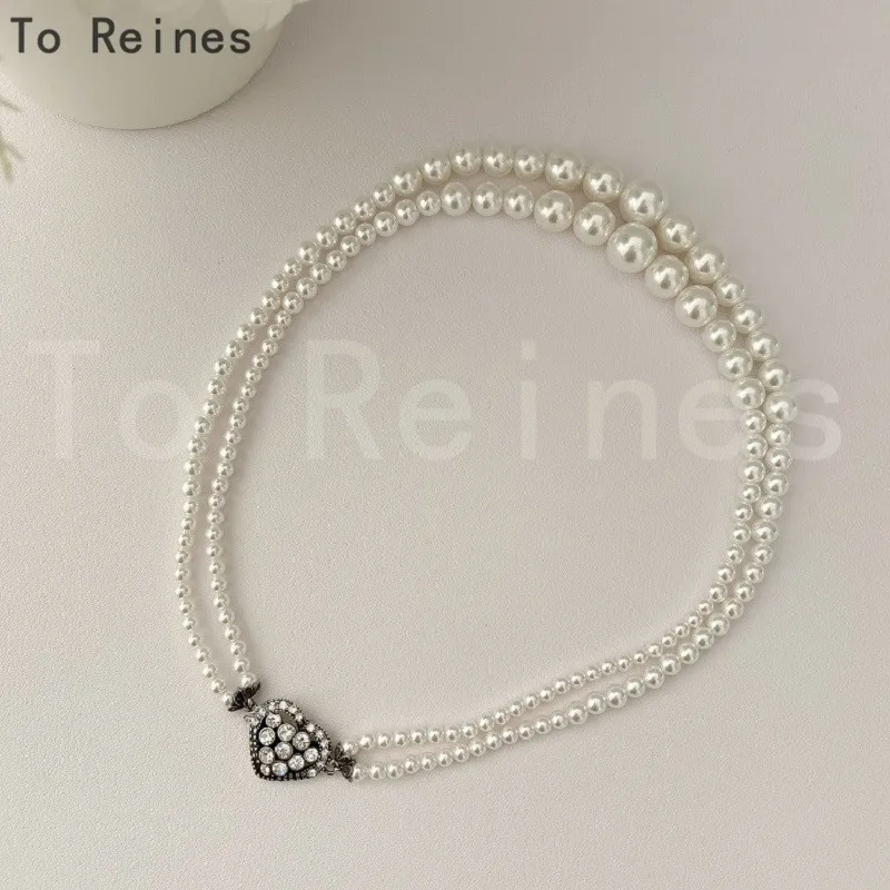 

To Reines New Light Luxury Double Layer Pearl Heart-shaped Pendant Collarbone Chain Necklace Fashion Women Jewelry Accessories