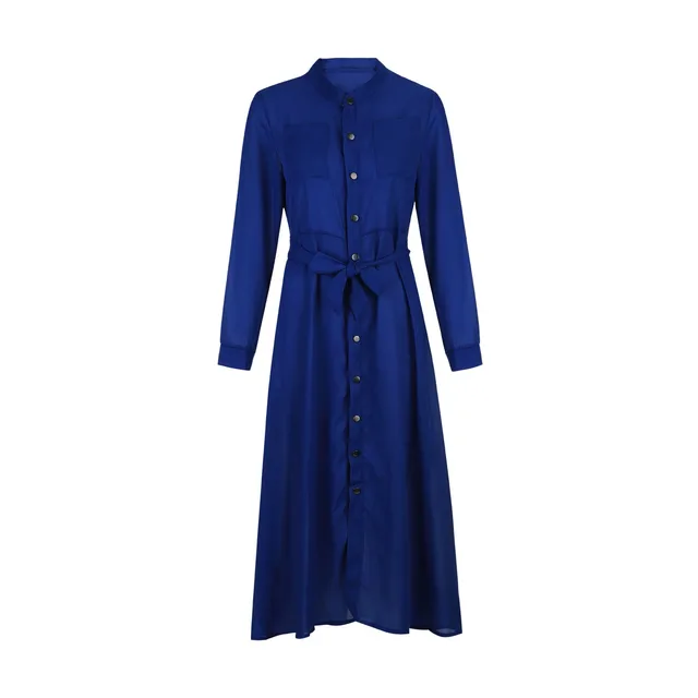 Elegant Show Thin Dress Women'S Summer Solid Dress Maxi Shirt Fashion Long Sleeve Single Breasted Dress Casual Lapel Ropa Barata 5