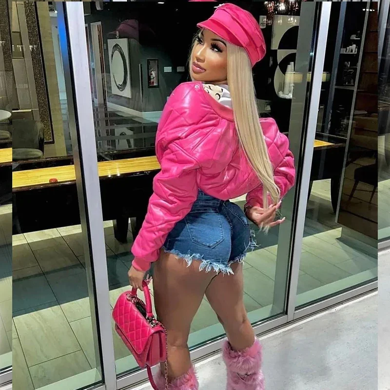 Pink Bomber Jacket Women Zipper Faux Leather Cropped Jacket Autumn Winter Windbreaker Jacket Coat Y2K Japanese Streetwear