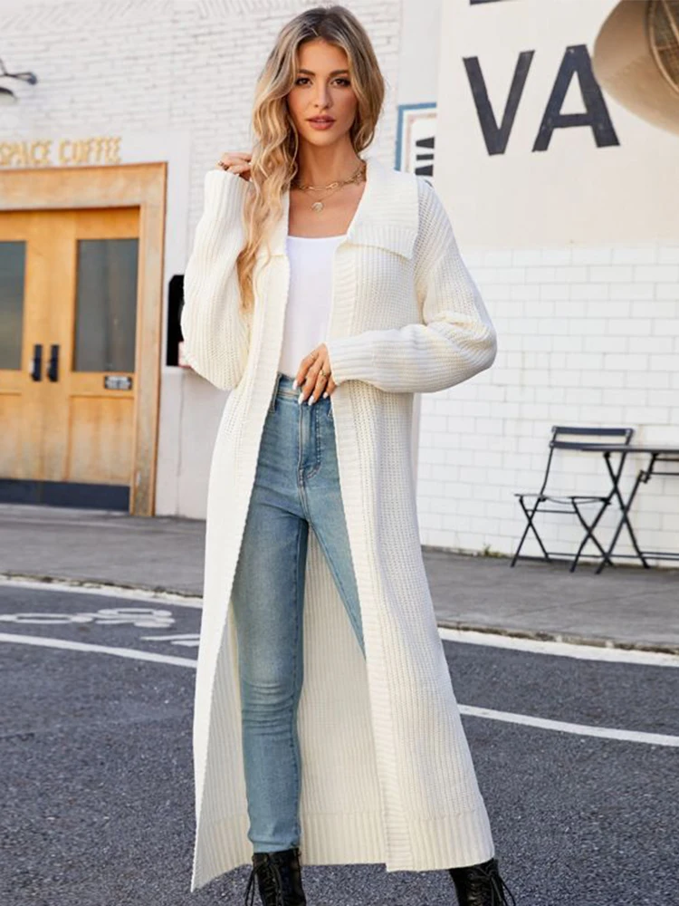

Autumn And Winter New Lapel Long Sweater Knitted Cardigan Casual Loose Lazy Style Sweater Coat