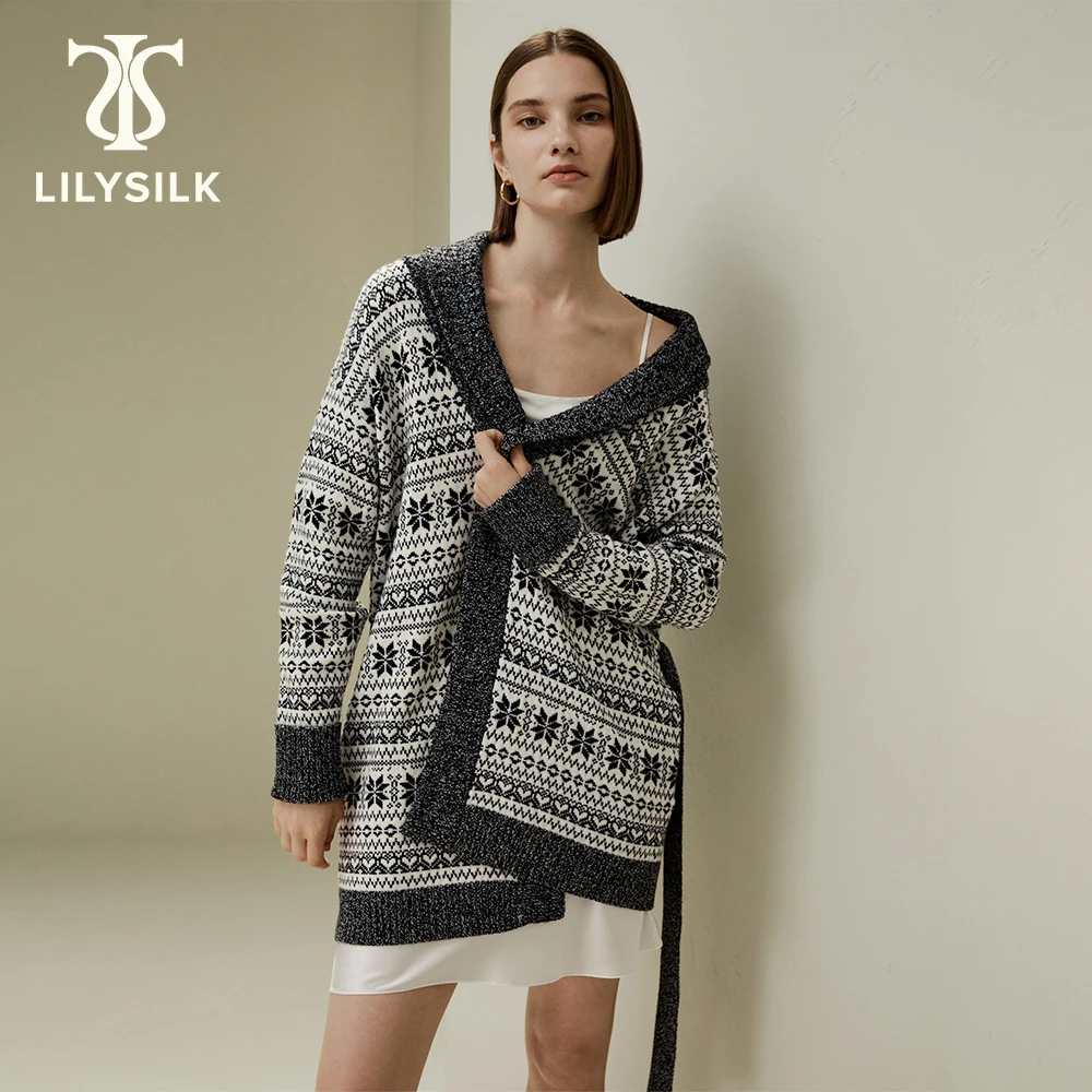 LILYSILK 여성용 울 가디건, 2023 크리스마스 한정판, 타이 웨이스트, 페어 아일 디자인 아웃웨어, 홀리데이 웨어, 무료 배송