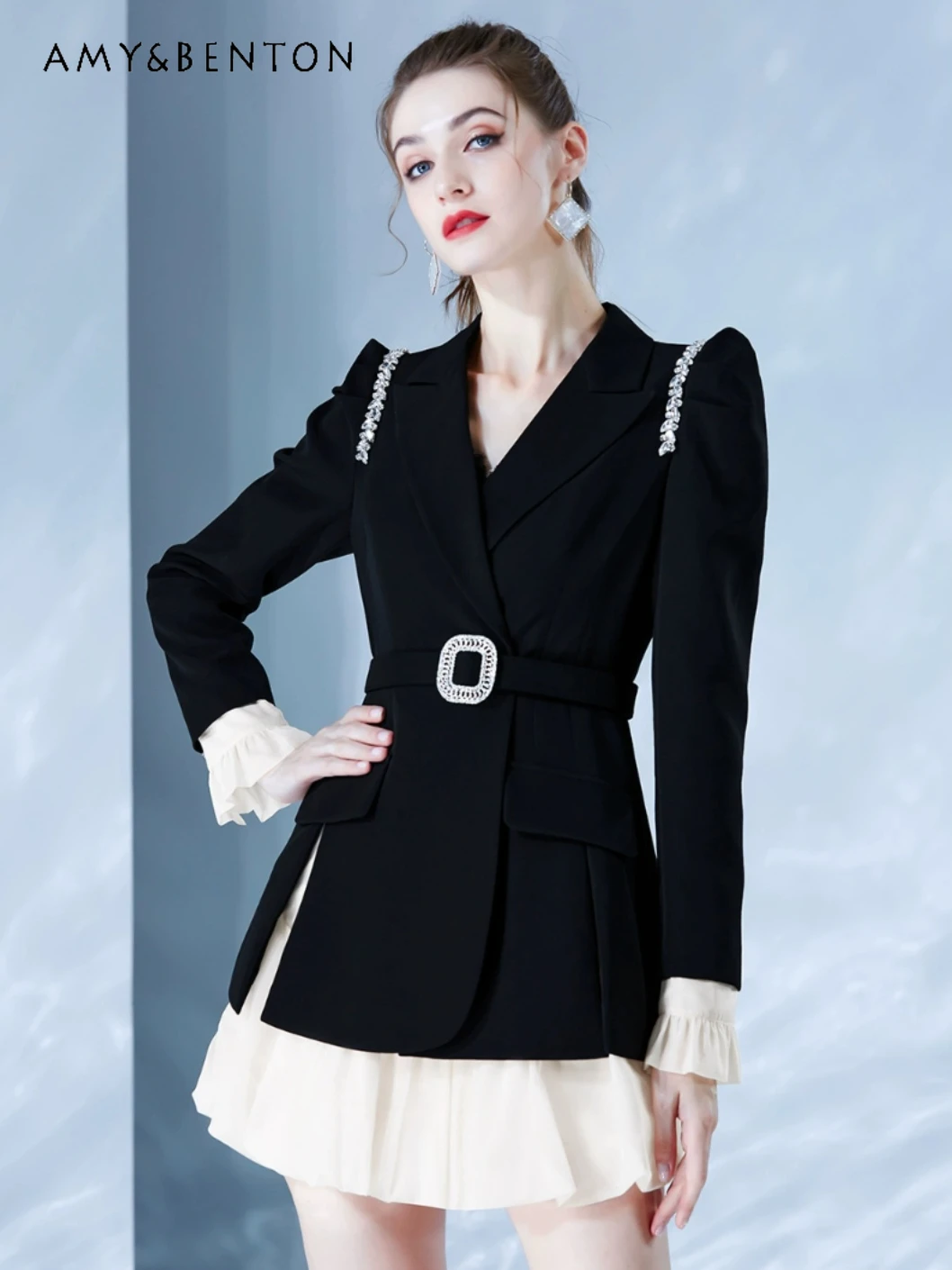 

Черное высококачественное платье-костюм на весну и осень, французские платья-трапеции с имитацией двух частей, элегантное платье в пригородном стиле для женщин