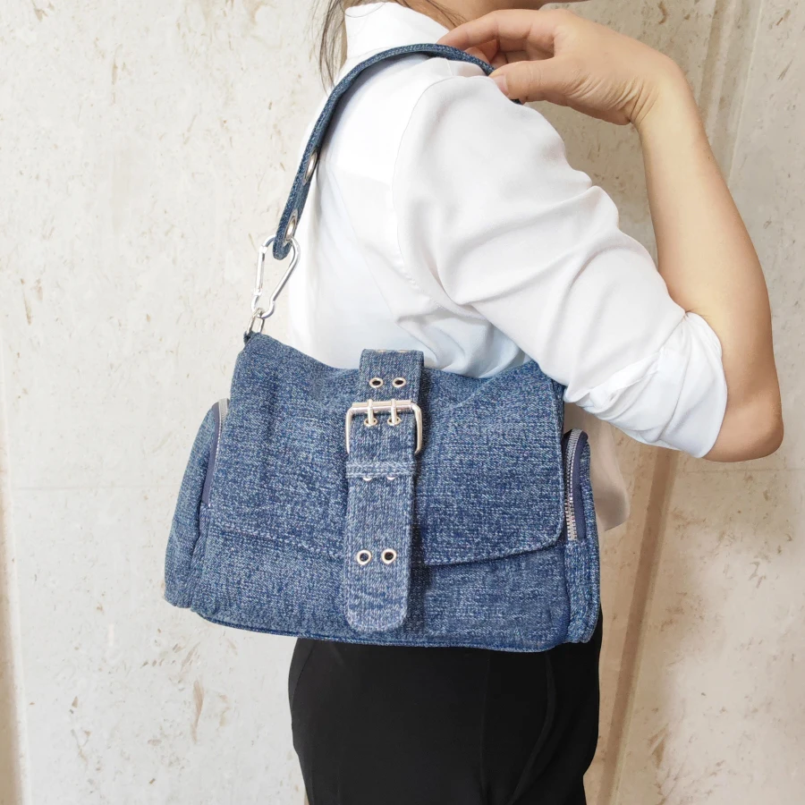 

Denim Women Shoulder Crossbody Bag Fashion Rivet ladies Axillary bags Brand design female handbag blue