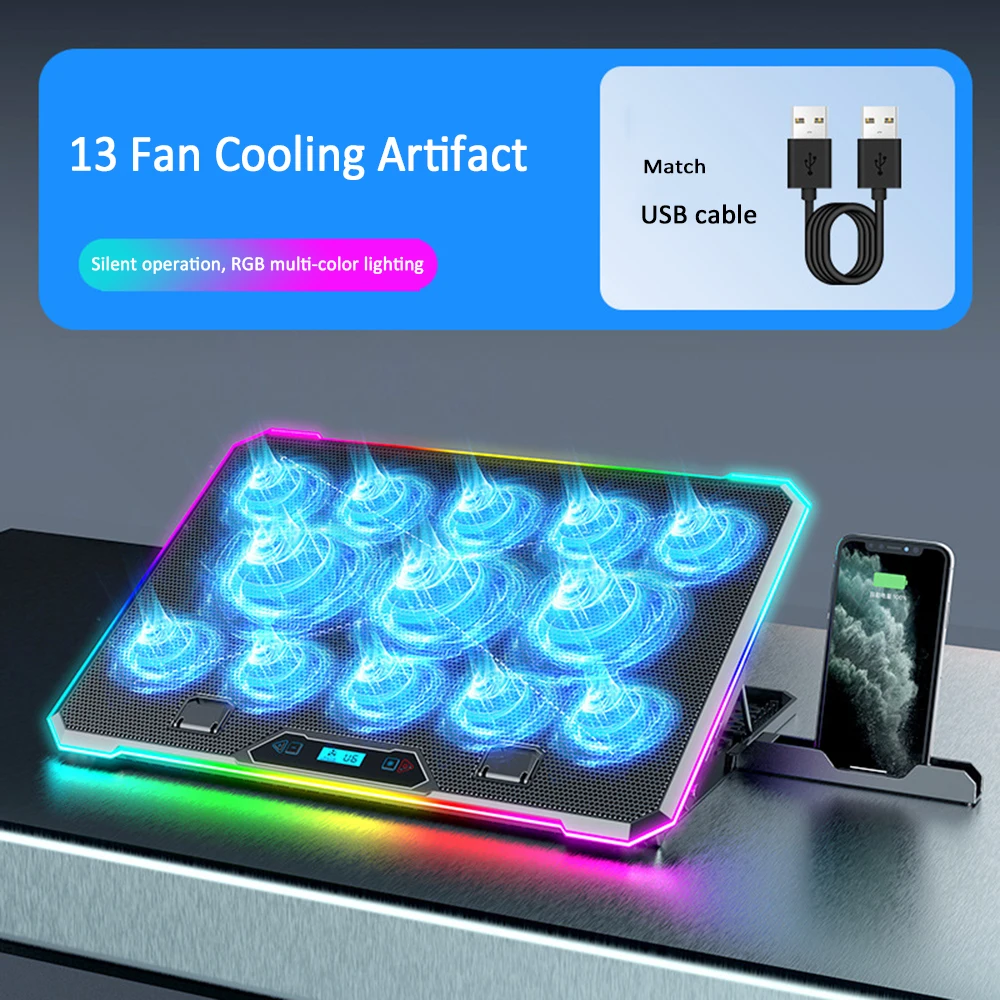 노트북 쿨러, 13 개의 조용한 냉각 팬, LED 조명, 2 USB 포트, 8 높이 조절 가능, 14-17 인치 노트북 태블릿 냉각 스탠드