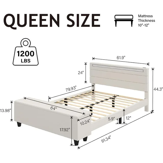 Queen Upholstered Bed Frame with Ottoman Storage & LED 2
