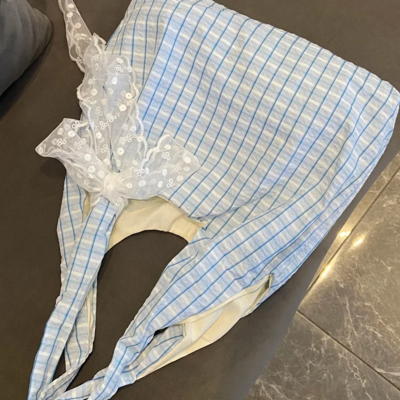 Korean Blue Checkered Canvas Bag, Women'S 2025 New Large Capacity Single Shoulder Tote Bag, College Style Commuting Armpit Bag