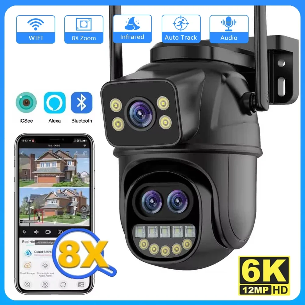 12MP PTZ Wifi Camera IP 8X Digital Zoom Outdoor Dual Screen Color Night Vision 8MP CCTV Video Surveillance Camera Wireless iCSee 1