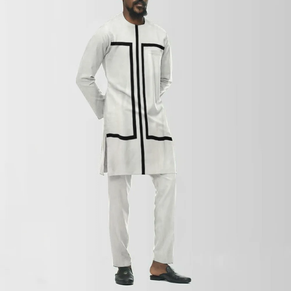 African Ethnic Style Men's Printed Fashion Muslim Clothing Men's Robe Islamic Hombre Pakistani Muslim Set Kaftan Qamis Musulman