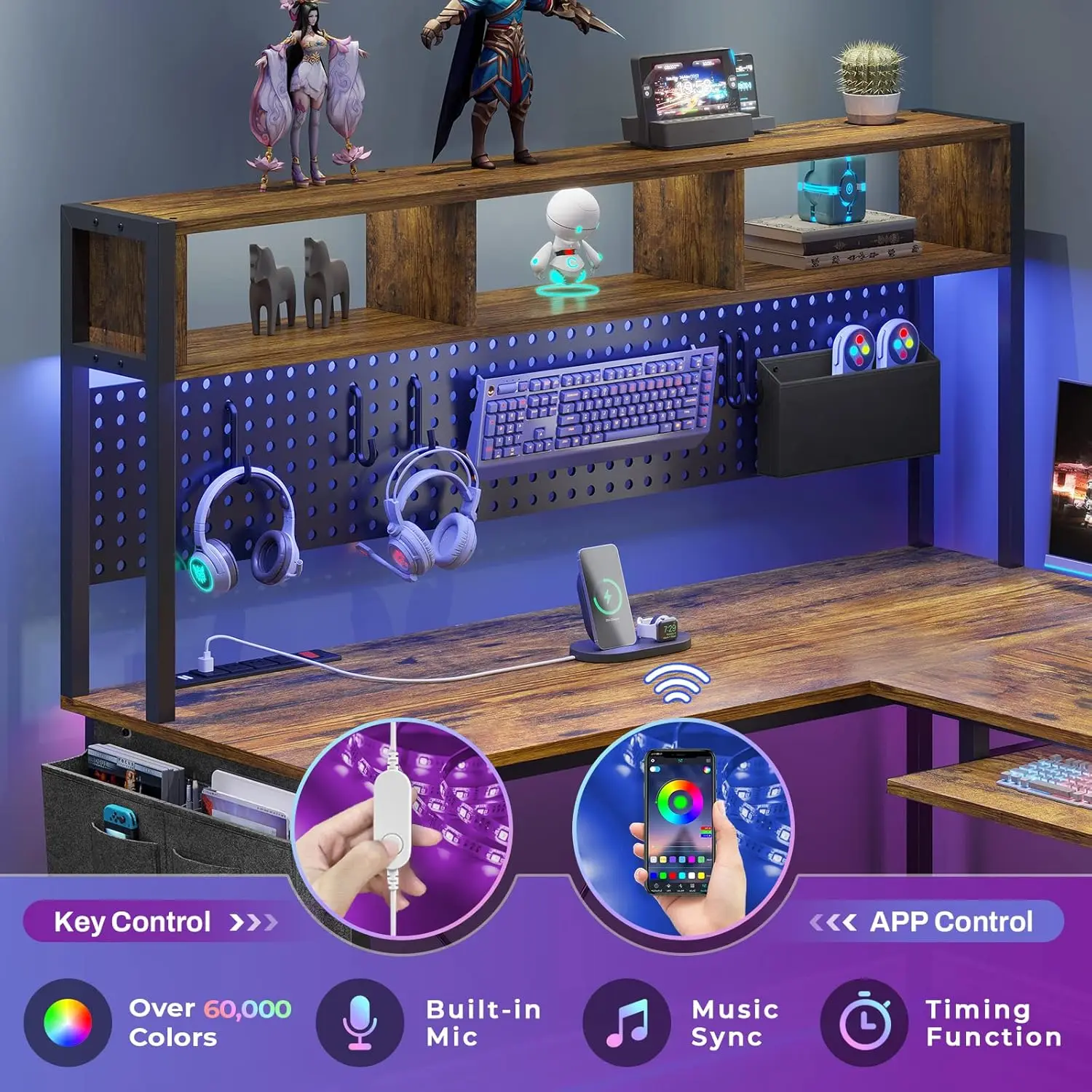 L Shaped Desk with Pegboard, Reversible Computer Desk with Drawers & Storage Shelves, Gaming Desk with LED Lights & Power Outle