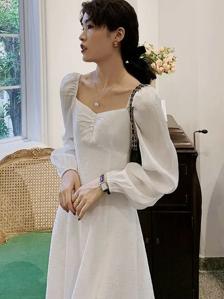 

Vestidos Vintage Fairy White Dress Women Retro Elegant Party Princess Wrap Long Sleeve Dresses 2023 Spring Square Collar Zipper