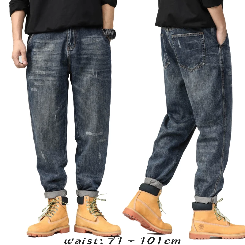 High quality long baggy jeans for men plus size ripped stone wash cotton denim vintage casual trousers new 2024 clothing - blue