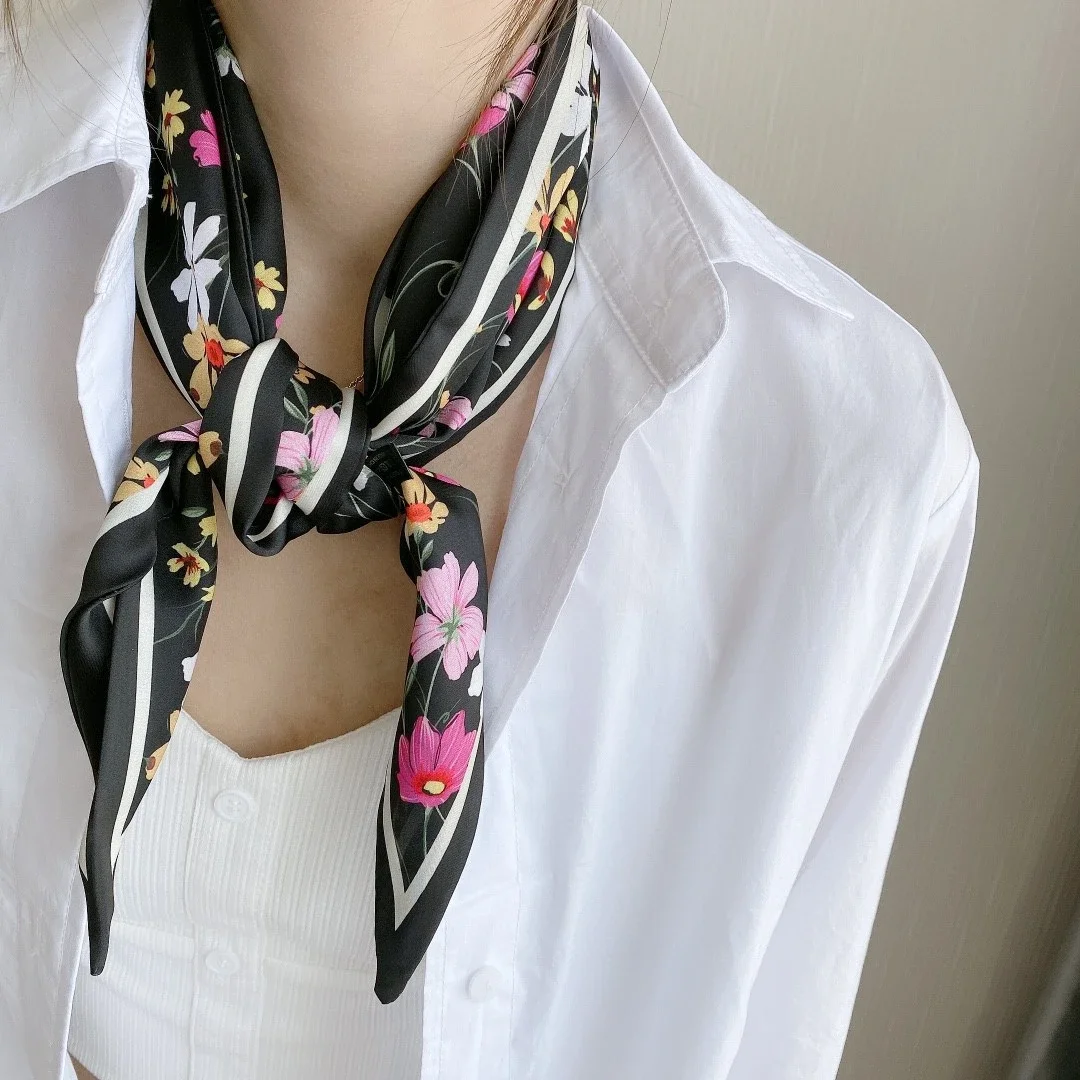 Frühling/Sommer Mode Stirnbänder für Frauen Blumendruck Leichter Schal Streamer Weiches Satin Halstuch Eleganter Haarschal – Detail 13