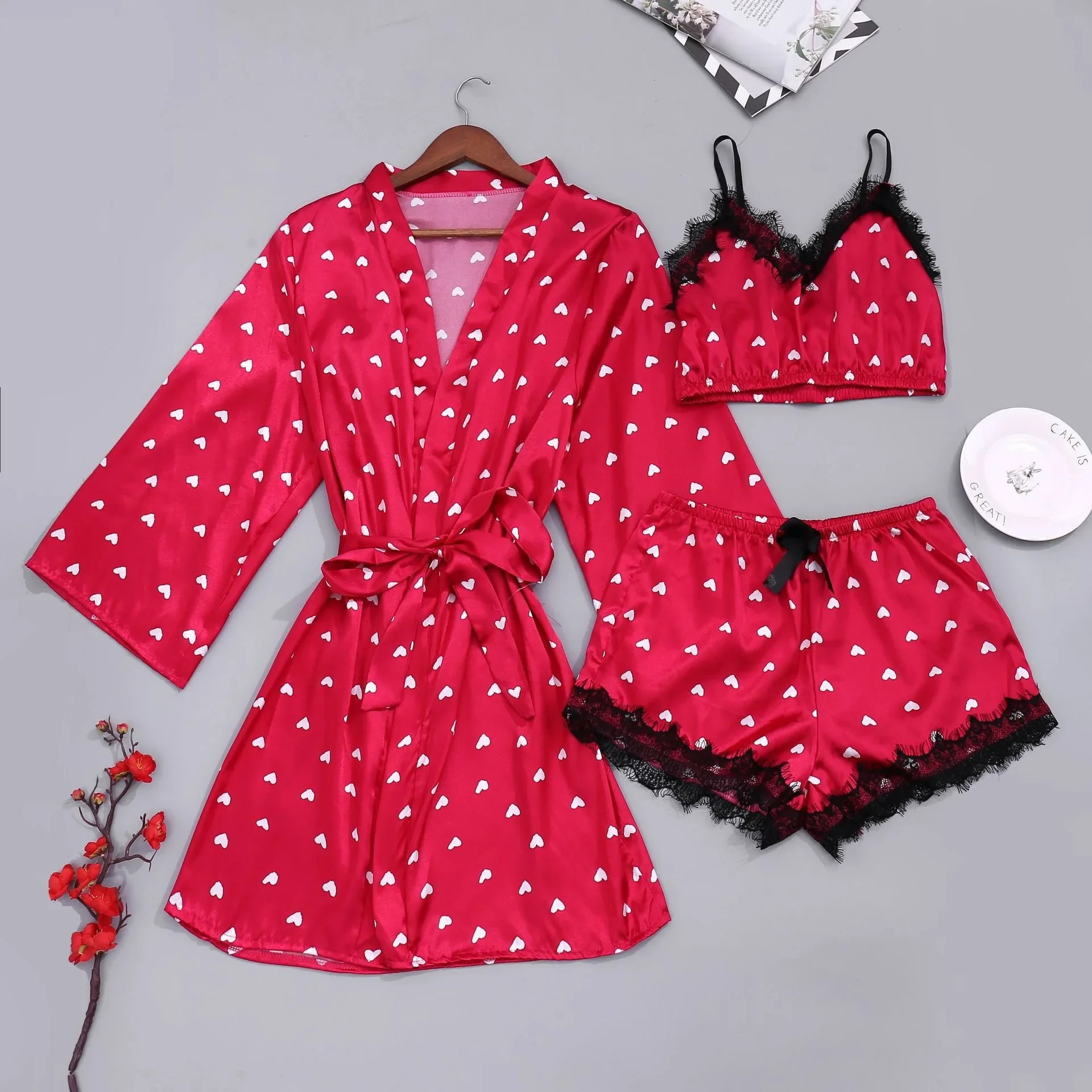Women Pajamas Set 3Pcs/2Pcs Satin Ice Silk Heart Print Lace Sleeping Skirt Seamless Homewear Pajama Shorts Set Sleepwear women pajamas set,women pajama suit