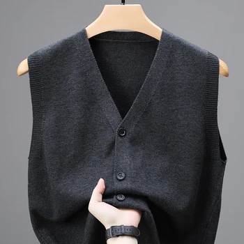 Autumn and Winter Inner Layer Top Sweater V-neck Warm Shoulder Cardigan Sweater Knitted Sweater Men's Vest Vest Vest Vest