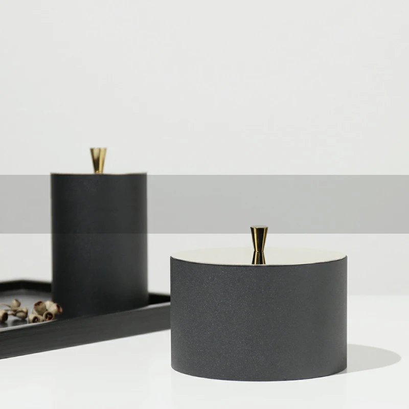 

Modern Gold Top Cylindrical Black Metal Decoration Box For House Sales Office Living Room Storage Box Art Decoration Ornaments