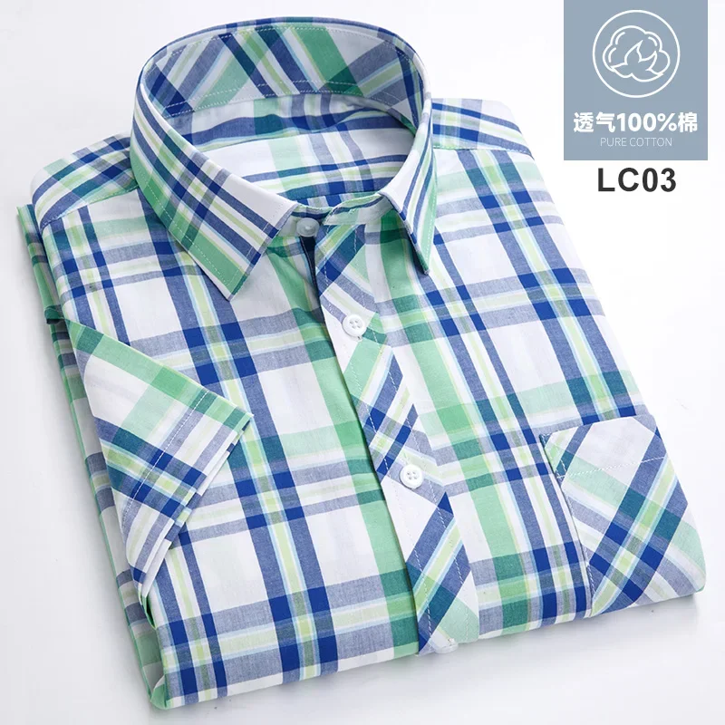 Fashion Korean Popular Clothes 100%cotton Short Sleeve Shirts for Men Slim Fit Casual Plain Shirt Thin Plaid Hawaiian Soft Tops 5