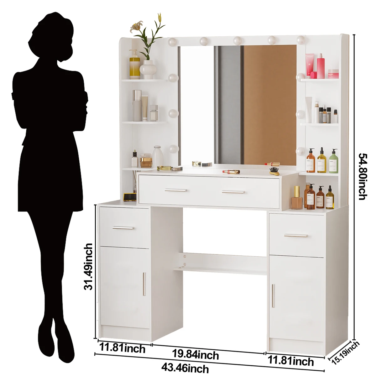 Teousev White Wood Vanity Table Set, 3 Light Modes Adjustable LED Bulbs Mirror, 3 Drawers 2 Cabinets Bedroom Dresser — view 6