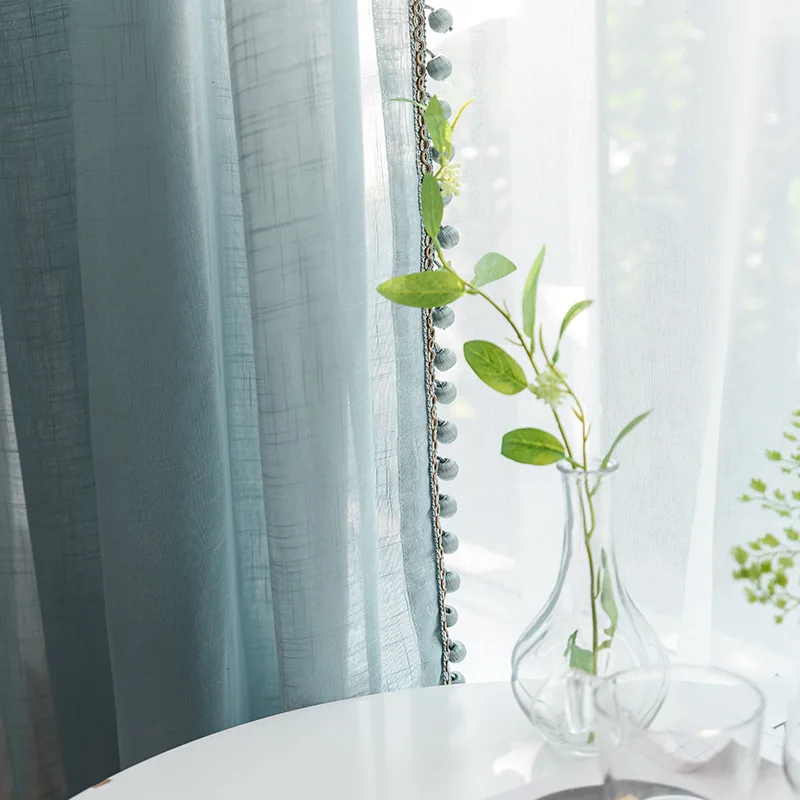 

Japanese Style Curtains for Living Dining Room Bedroom Nordic Luxury Custom Cross Yarn Cotton Blue tulle Window Curtain Decor