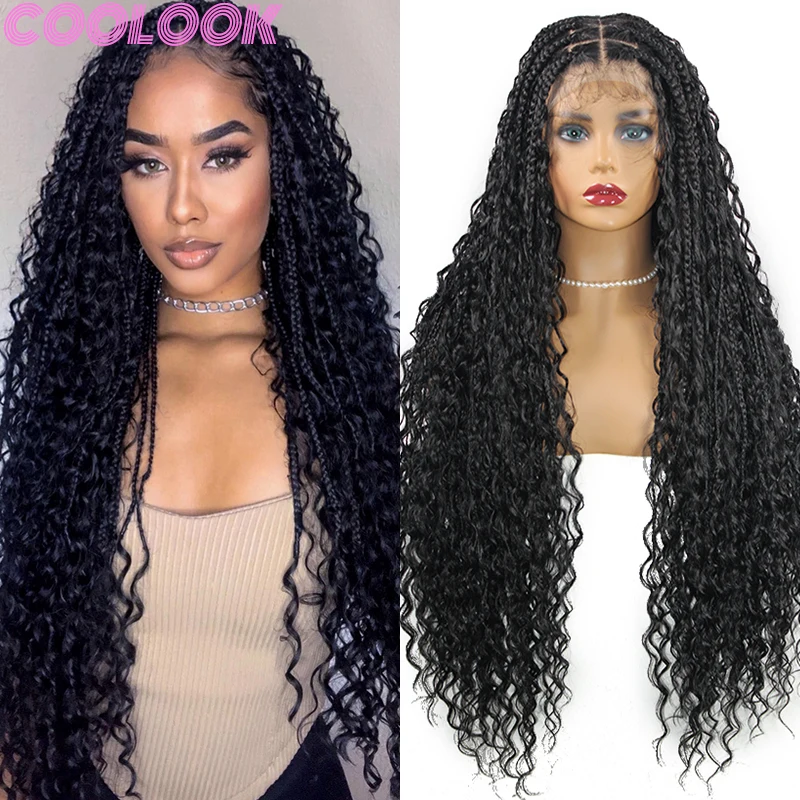 Synthetic Box Braided Full Lace Wigs 32'' Bohemian Goddess Square Part Braid Lace Front Wig Dark Brown Braids Wig with Curly End