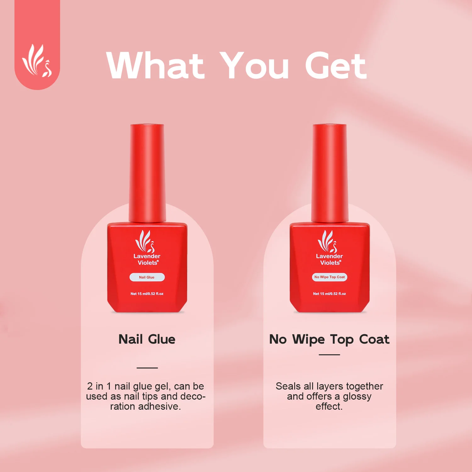 2pcs 15ml Nail Glue & No Wipe Top Coat, Glossy Effect Long Lasting Soak Off Cure Needed Gel Nail Polish for Starter Manicure