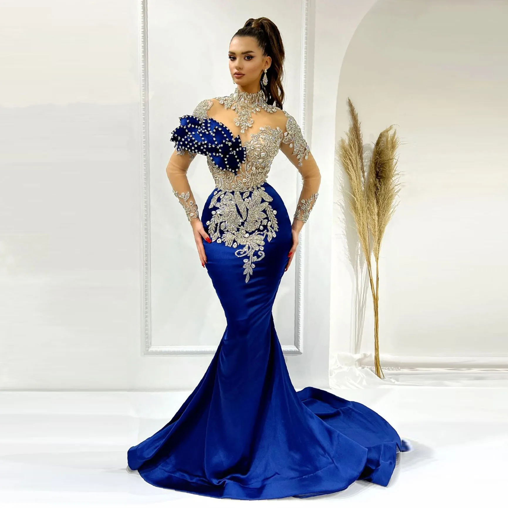 Vestido de graduación de sirena azul real para mujer, vestidos de fiesta árabes de Dubái, vestidos de desfile de boda, 2023