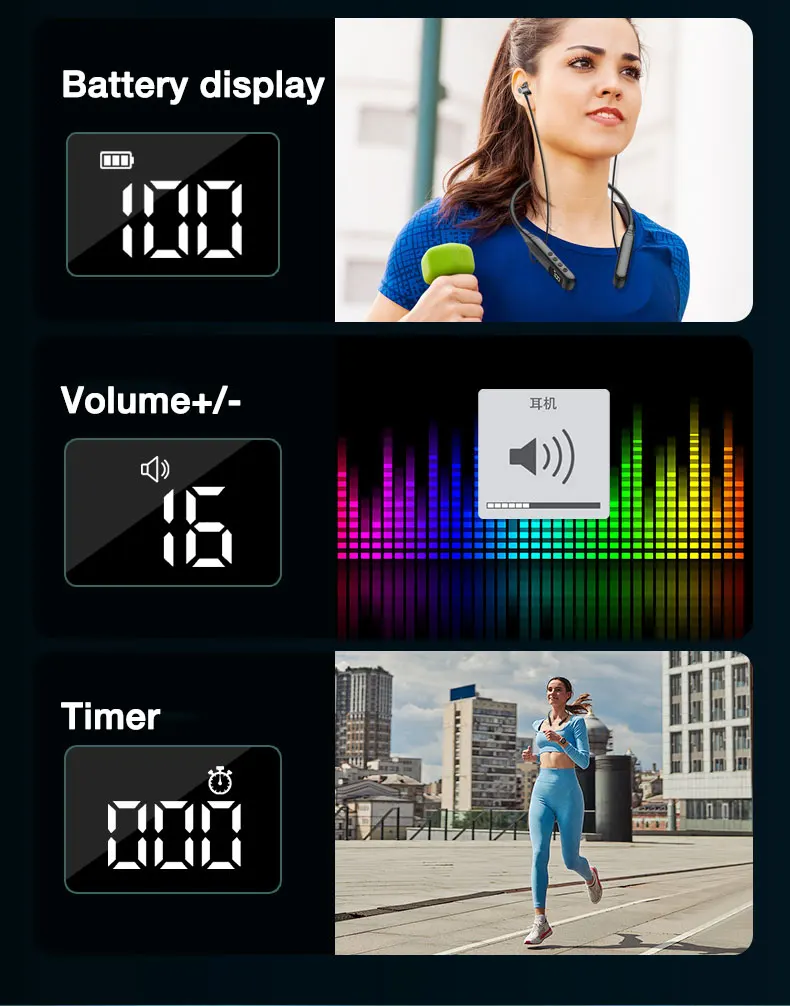 pescoço, Bluetooth, estéreo, reprodução de 120 horas, baixo, desporto