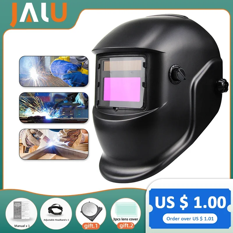 Welding mask helmet with auto darkening filter DIN16 glass, Black Mask, chameleon equipment 93*43 mm Tools Helmets Protective