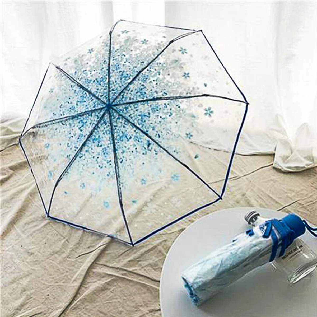 Mini Folding Japanese Umbrella Korean Umbrella Folding Cute Korean Mini Fresh Simple Sen Series Trifold Japanese Cherry Blossom Transparent
