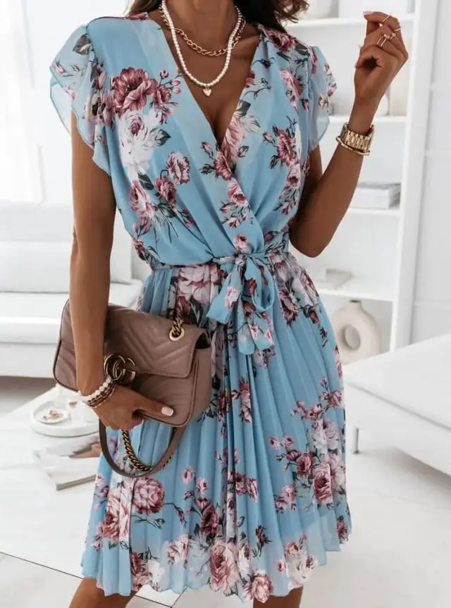 

Floral Print Chiffon V Neck Lady Clothes 2023 Summer Ruffled Short Sleeve V-neck Digital Print Short Dress for Women Summer