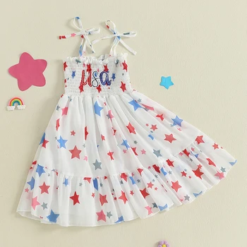 Adorable Baby Girls American Flag Dress Sleeveless Star Print Patriotic Dress with Tie-up Straps and Embroidered Letters for 1