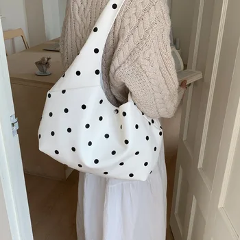 Borsa a Tracolla Vintage con Motivo a Pois, Grande Capacità, Casual, con Chiusura a Scatto, Versatile, in PU, Stile Coreano, per Pendolari