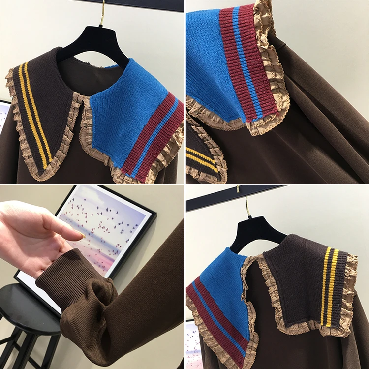 Peter Pan Collar Contrast Color Patchwork Hoody Long Sleeve Loose Casual Sweaters Women Vintage Clothes Pull Femme Sweatshirts