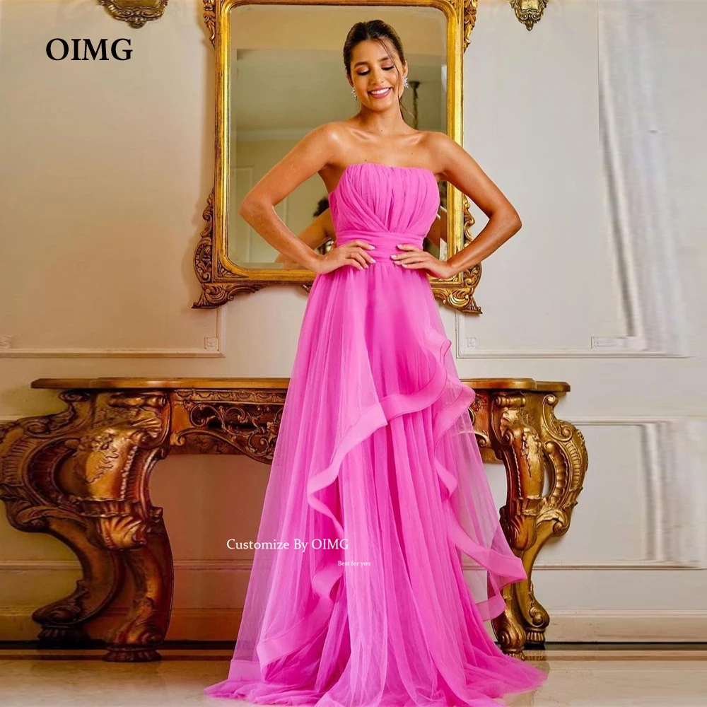 

OIMG New A Line Pink Long Evening Night Prom Dresses Strapless Homecoming Party Gowns Sleeveless Formal Occasion Dress