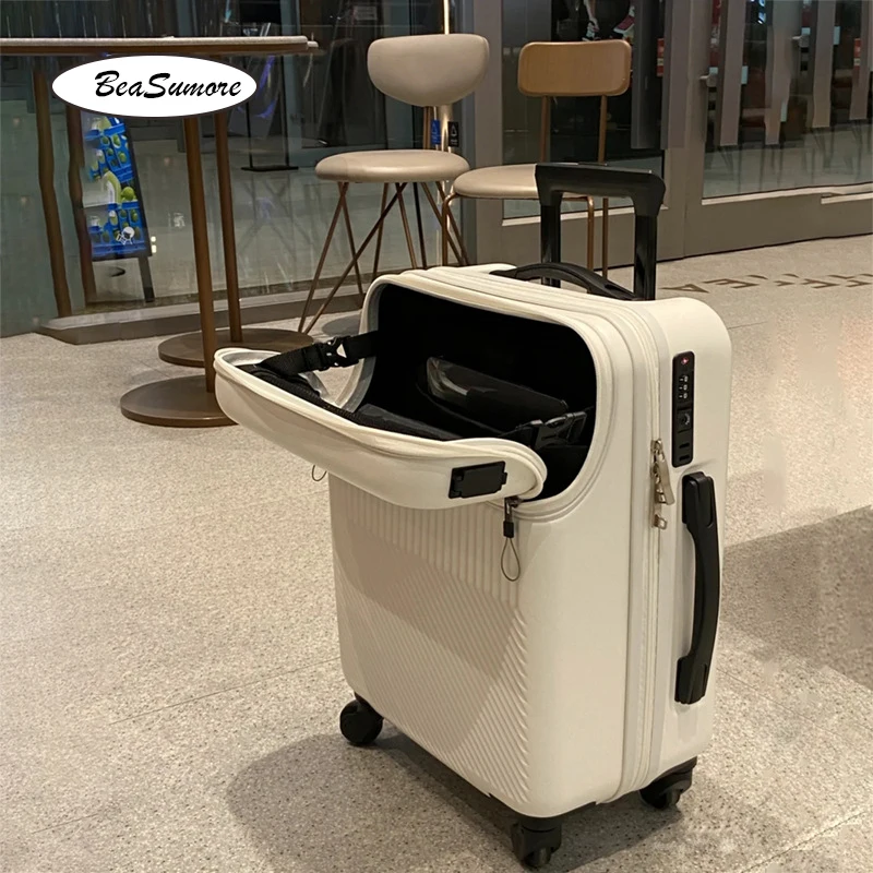 BeaSumore Front opening USB Rolling Luggage Spinner 20 inch Suitcase Wheel Cabin Trolley Women's Handbag Travel Bag Travel Bag Pull Bar Suitcase