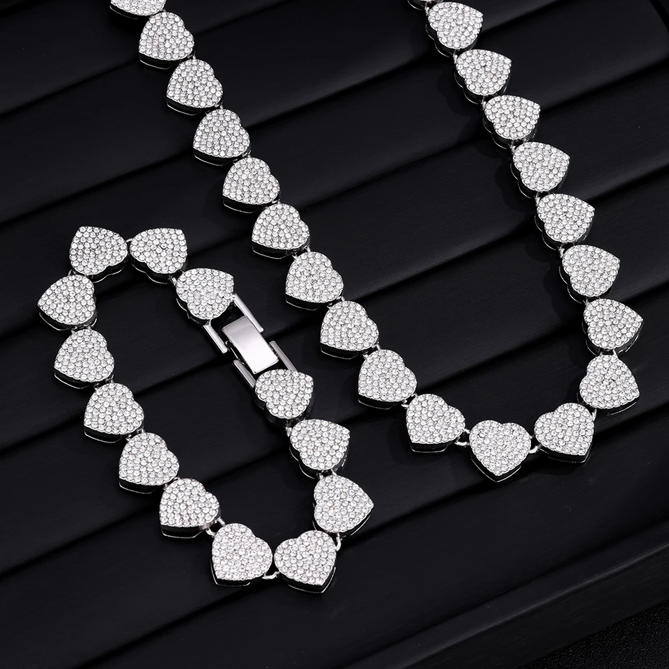Yupsk 20/45CM New Thick Full Rhinestones Hip-hop Bracelet Trendy Heart-shaped Cuban Necklace Jewelry Set for Rock Trendsetters 1