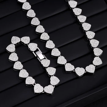 Yupsk 20/45CM New Thick Full Rhinestones Hip-hop Bracelet Trendy Heart-shaped Cuban Necklace Jewelry Set for Rock Trendsetters 1