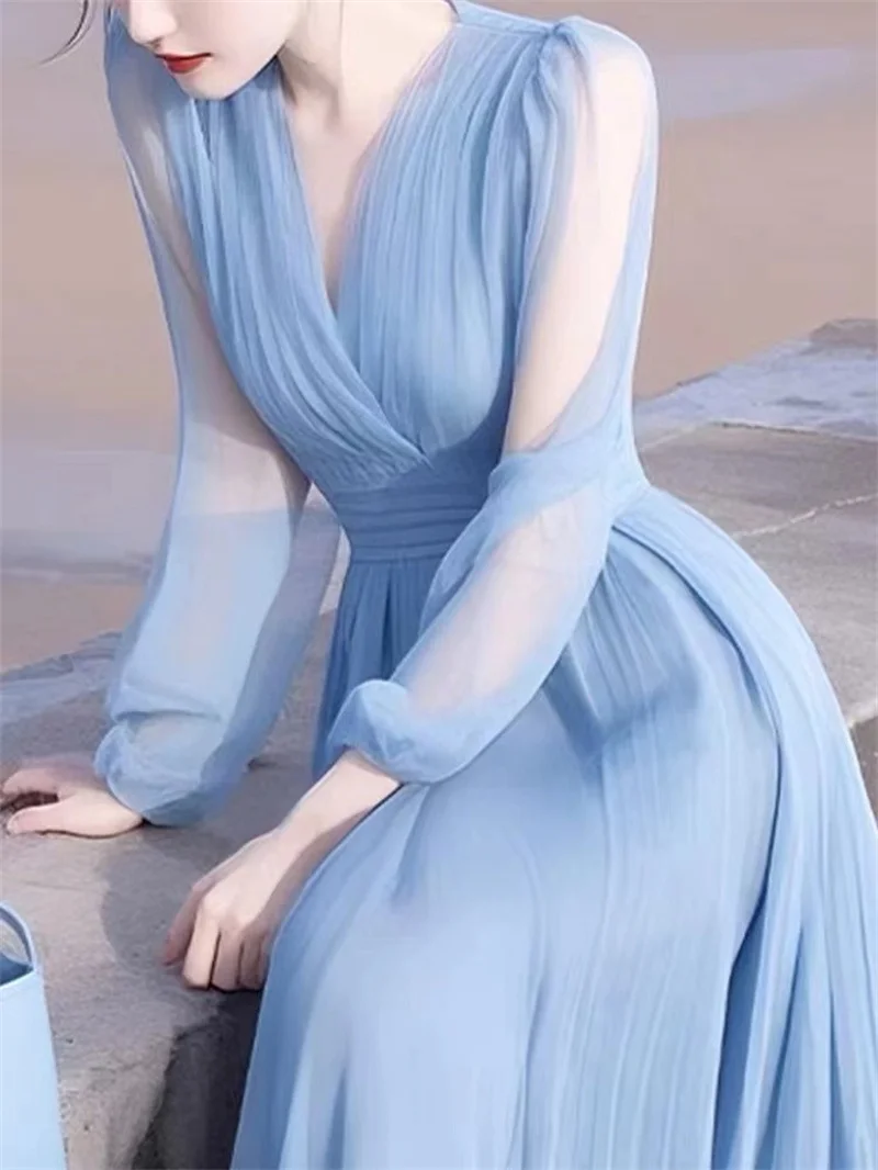 Elegant V-Neck Solid Color Loose Ruffles Long Dress Women's Clothing 2026 Summer New Long Sleeves Blue Chiffon Lady Party Dress
