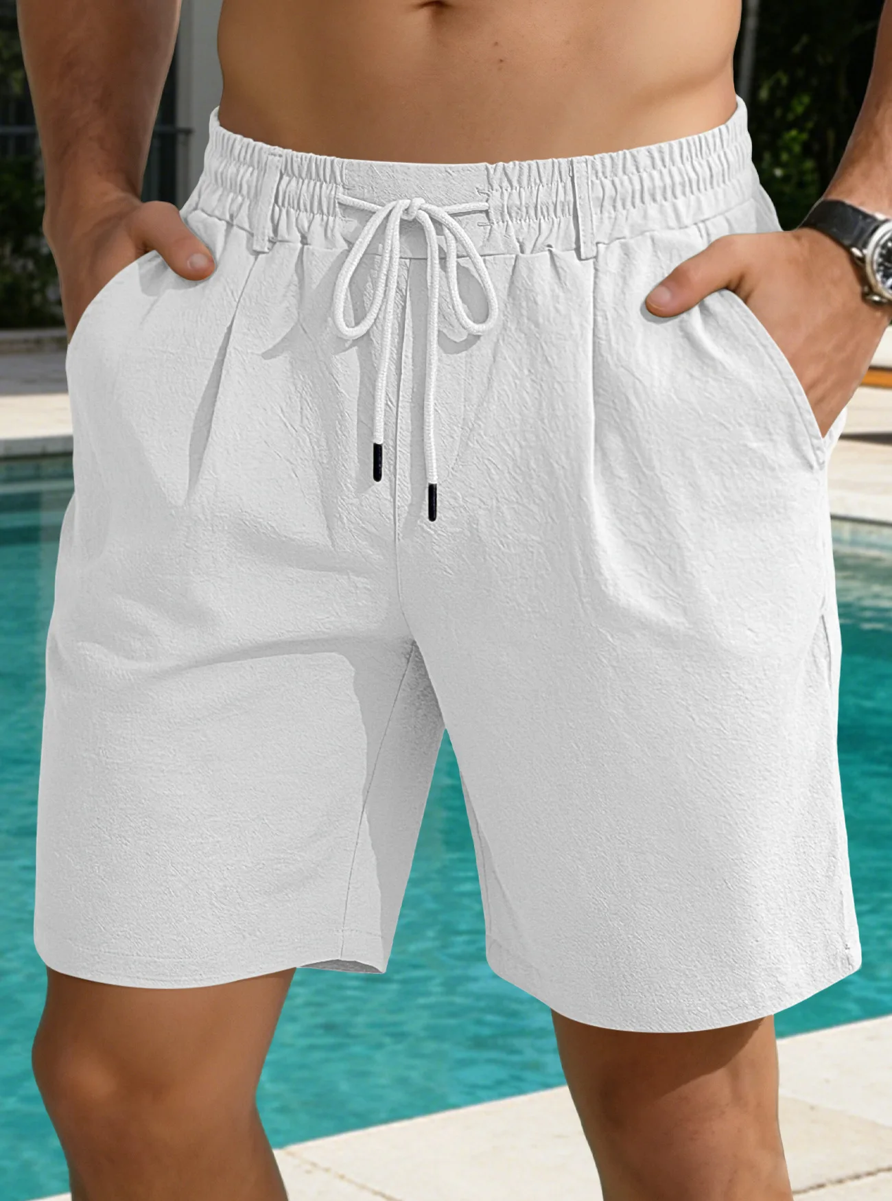 Men’s lightweight breathable quick-dry drawstring casual sports shorts white01