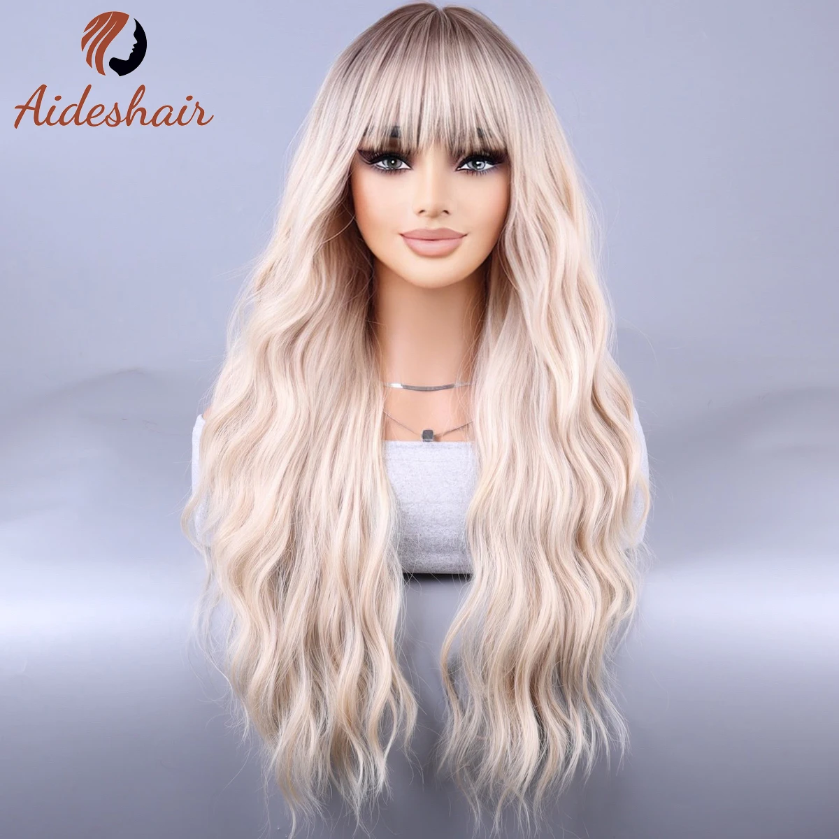 Long brown wig with bangs 28 "Ombre Brown Blend Blonde accent wig for women long curly wavy synthetic wig for everyday party use images - 6