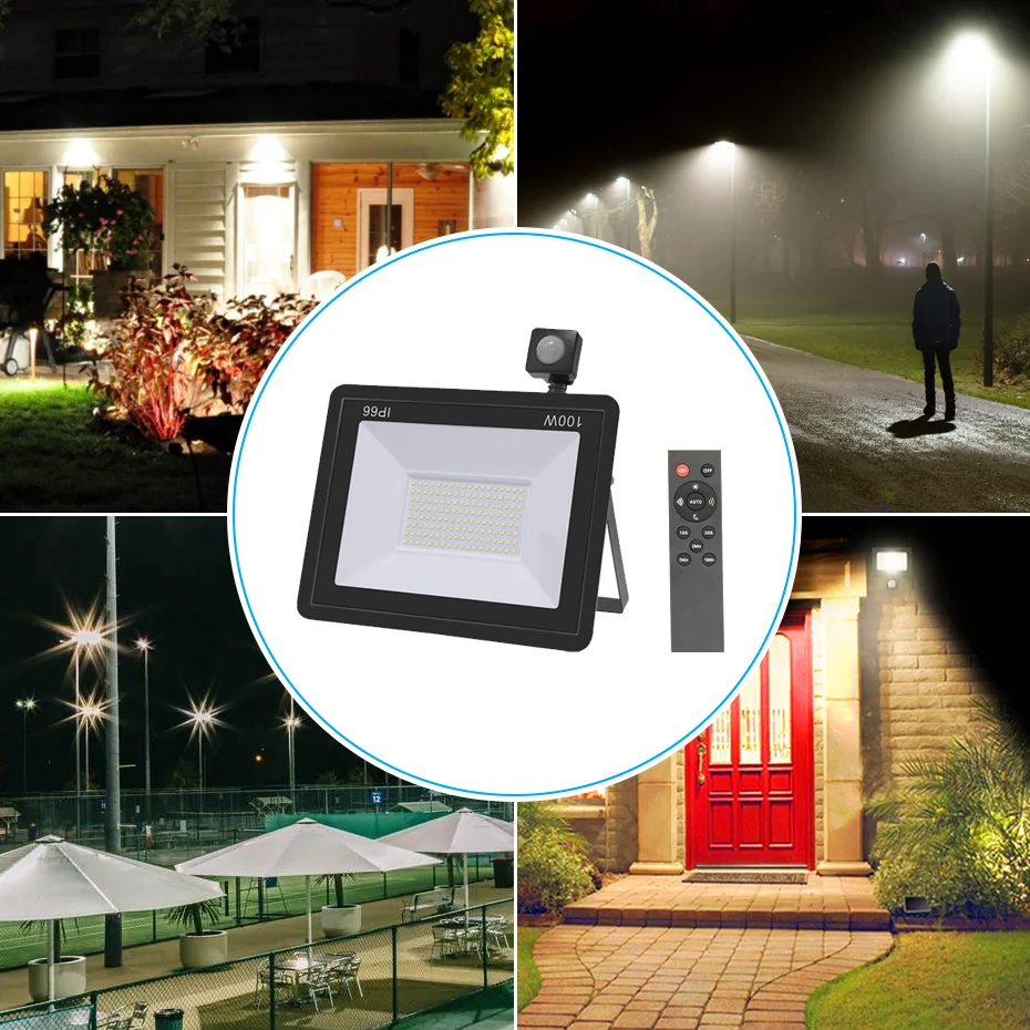 AC220V PIR 모션 센서 LED 스포트라이트, 리모컨 포함, 100W 50W 30W 20W 10W LED 투광등, 정원, 거리, 벽면용