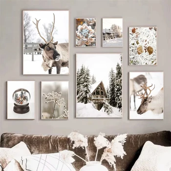 Winter Snow Plants Leaf House Wall Art Canvas Painting Elk Printing Christmas Poster Prints Nordic Living Room Home Decoration 1