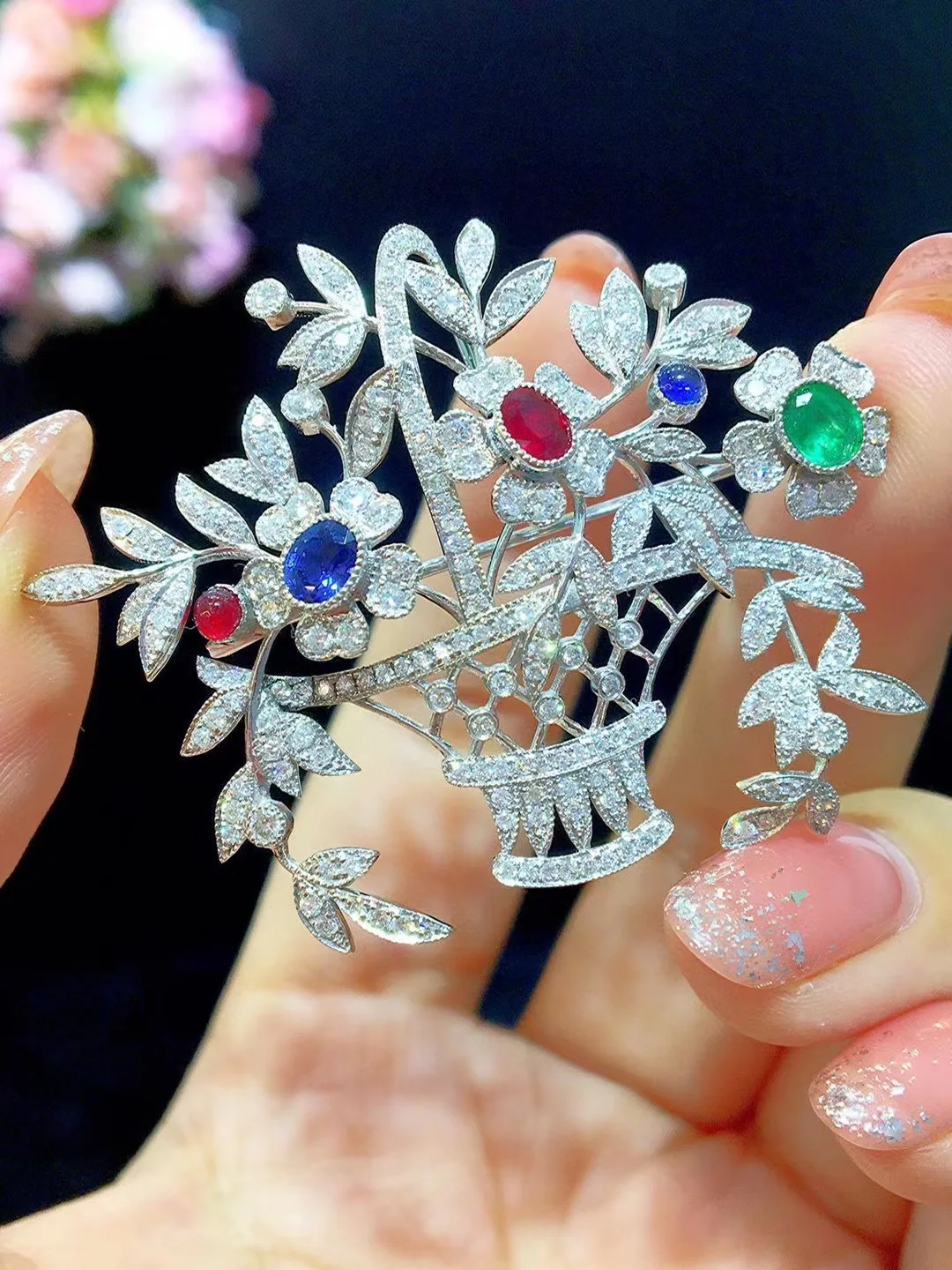 genuine jewelry 18K white gold with diamond flower basket brooch & pendant double use ruby emerald sapphire fine women jewelry 13 S396cf41642fd4f8080b54ce014223b83Q genuine jewelry 18K white gold with diamond flower basket brooch & pendant double use ruby emerald sapphire fine women jewelry